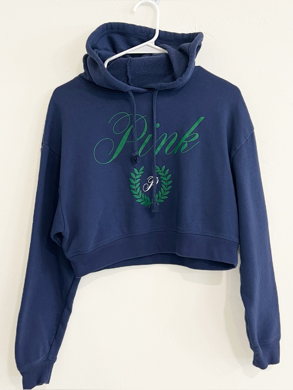 Pink Victoria's Secret Cursive Crop Hoodie Navy Blue Size XS